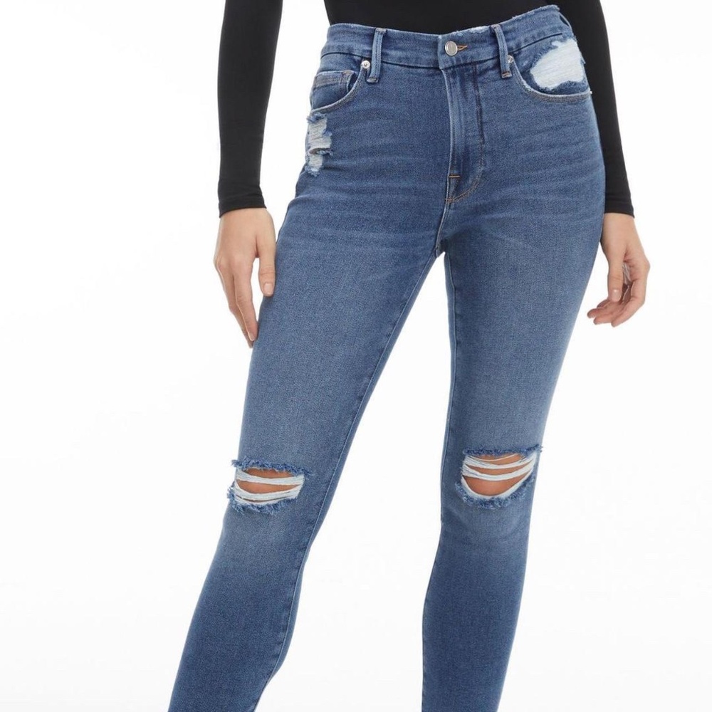 Good American Medium Wash Ripped Good Legs Printed Pockets Jeans